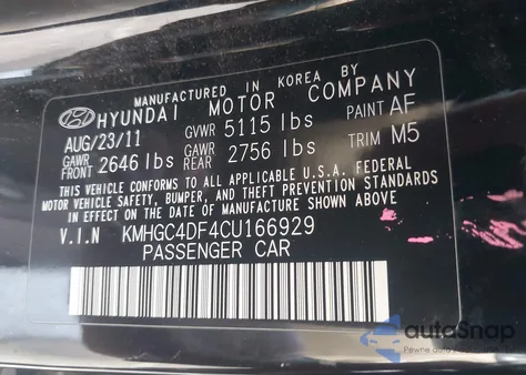 2012 Hyundai Genesis 4.6 z USA, uszkodzony, nr VIN KMHGC4DF4CU166929